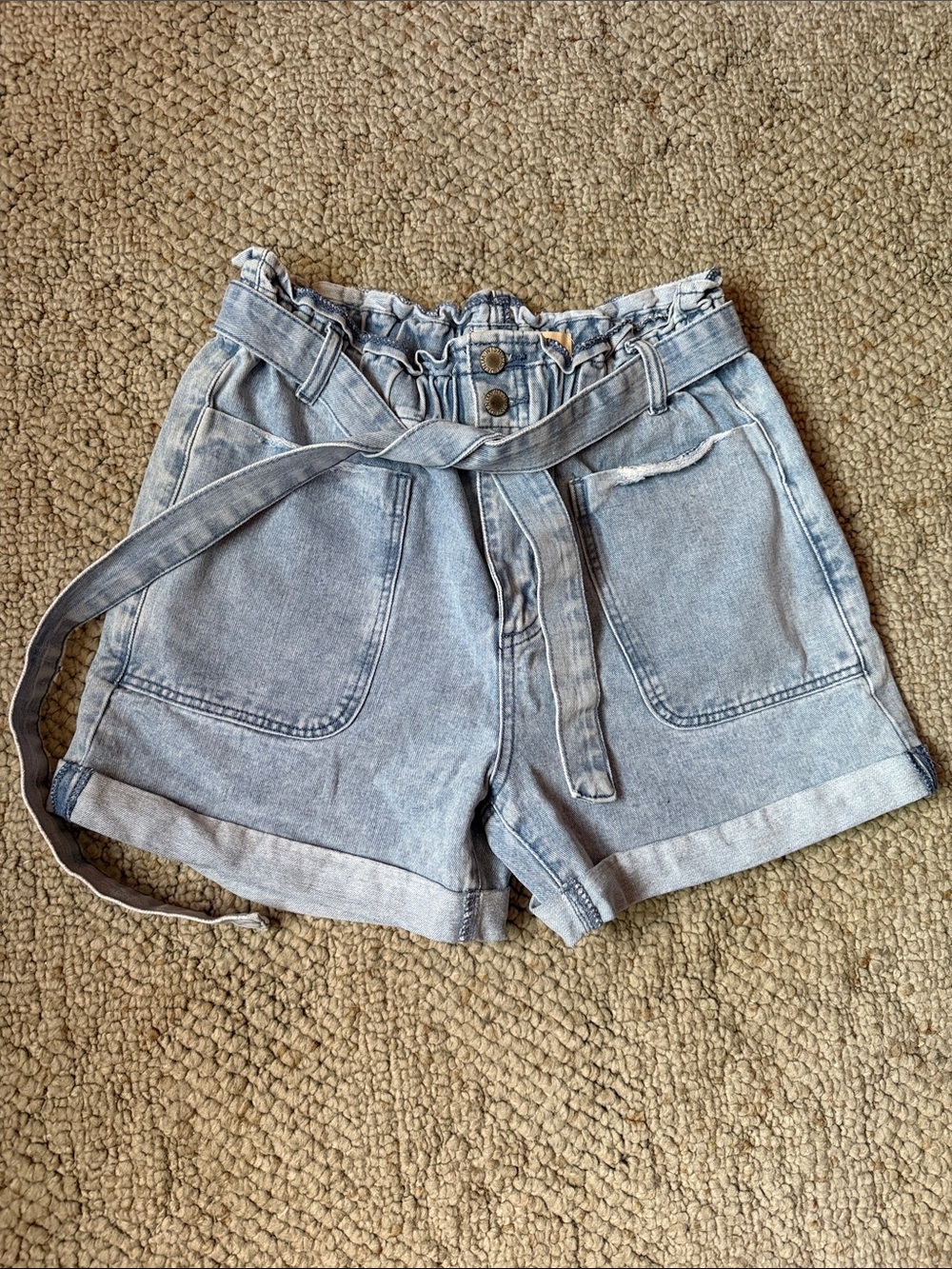 Wishlist Light Blue Paperbag Waist Denim Shorts with Belt